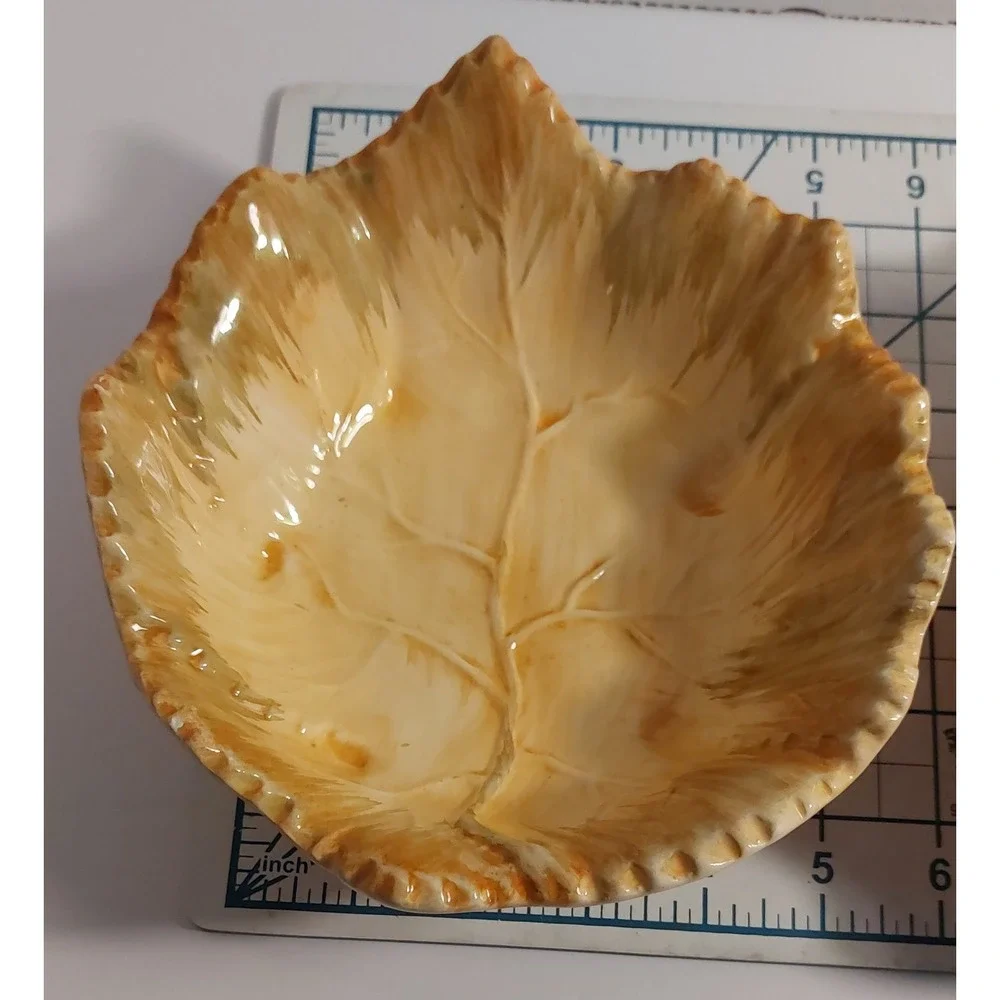 Set Of 2 Vtg Ceramic Leaf Bowl Candy Dish Portugal Yellow 2